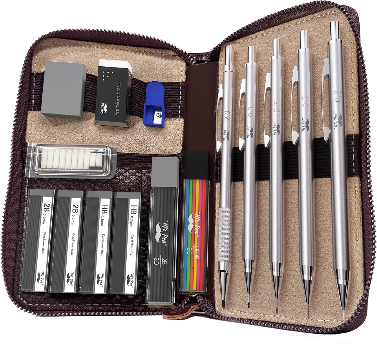 Metal Mechanical Pencil Set in Leather Case, 5 Sizes, 0.3, 0.5, 0.7, 0.9, 2mm, mechanical pencils, Sketching Pencils, Drafting Pencil